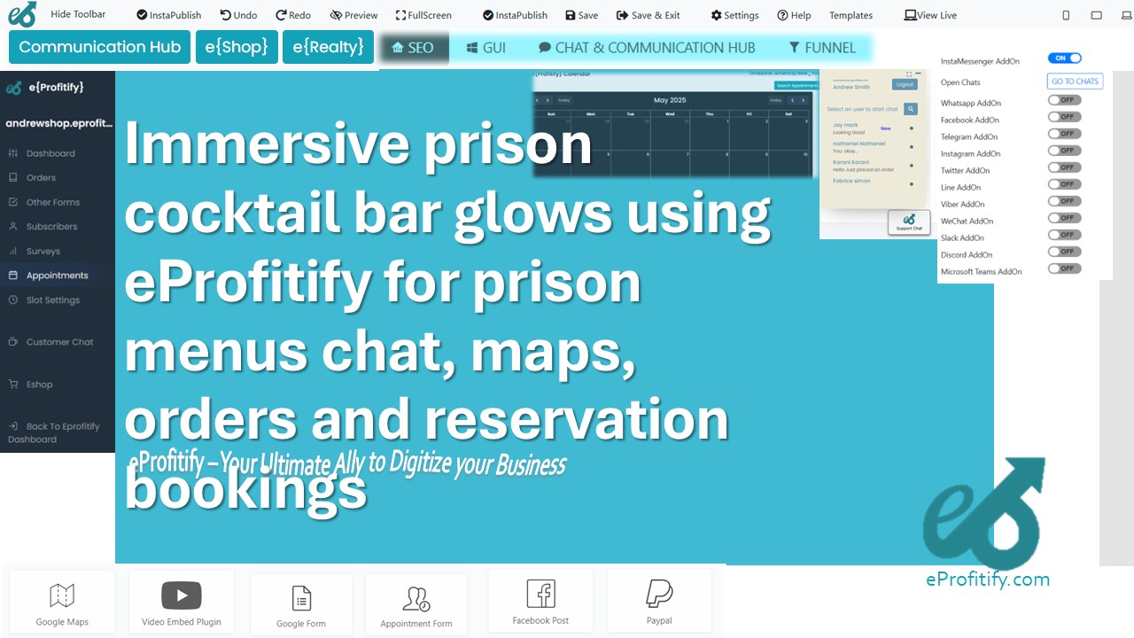 Immersive prison cocktail bar glows using eProfitify for prison menus chat, maps, orders and reservation bookings